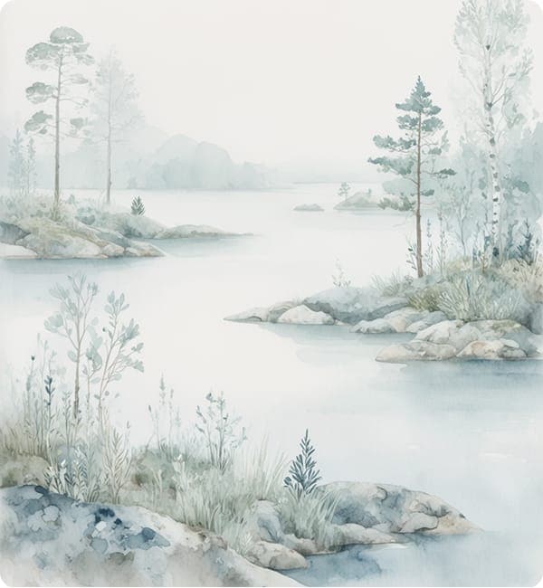Watercolor of a quiet Nordic coastal landscape with low rocky islands and soft grasses